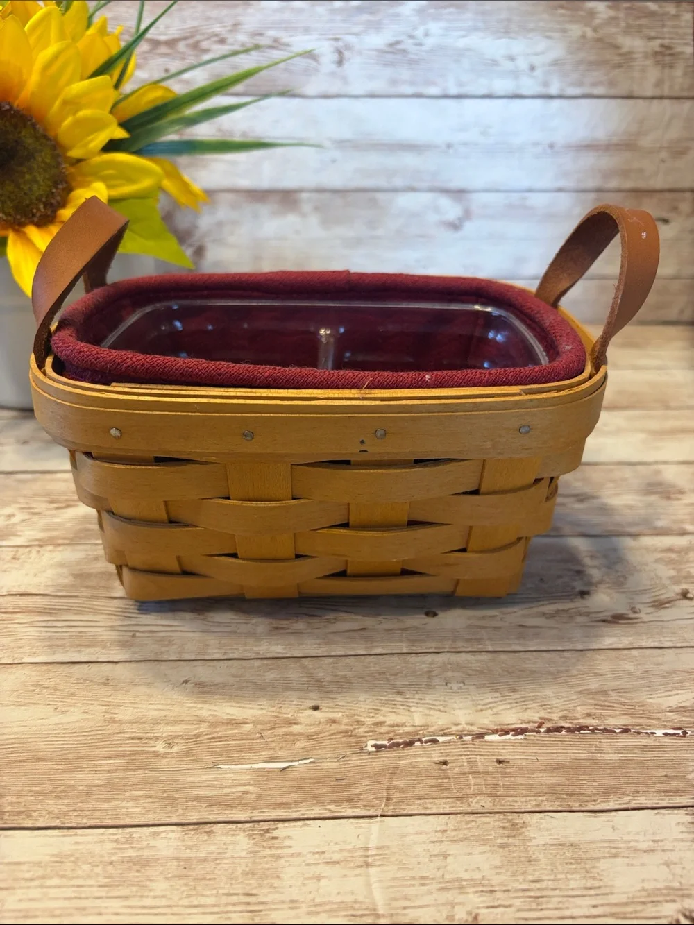 Longaberger Woven Tea Basket 10740 Red Liner and Clear Protector Insert